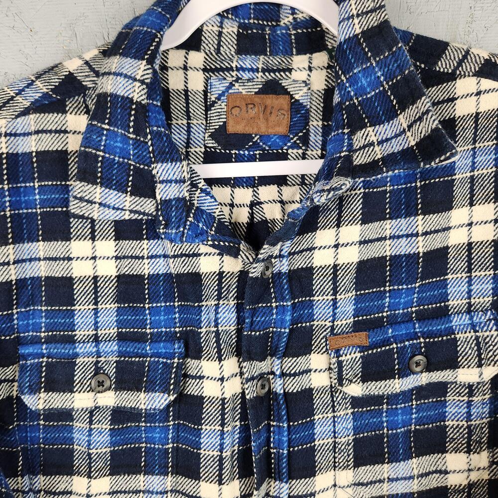 Orvis Flannel Shirt Jacket Mens XL Blue Plaid Lined Button Pockets Shacket Logo